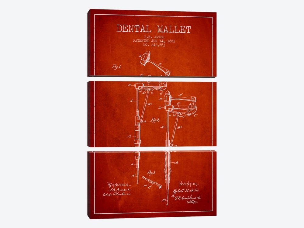 Dental Mallet Red Patent Blueprint by Aged Pixel 3-piece Canvas Wall Art