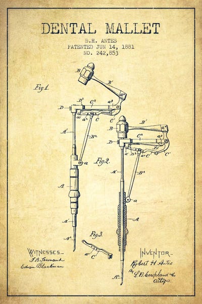 Dental Mallet Vintage Patent Blueprint by Aged Pixel canvas print