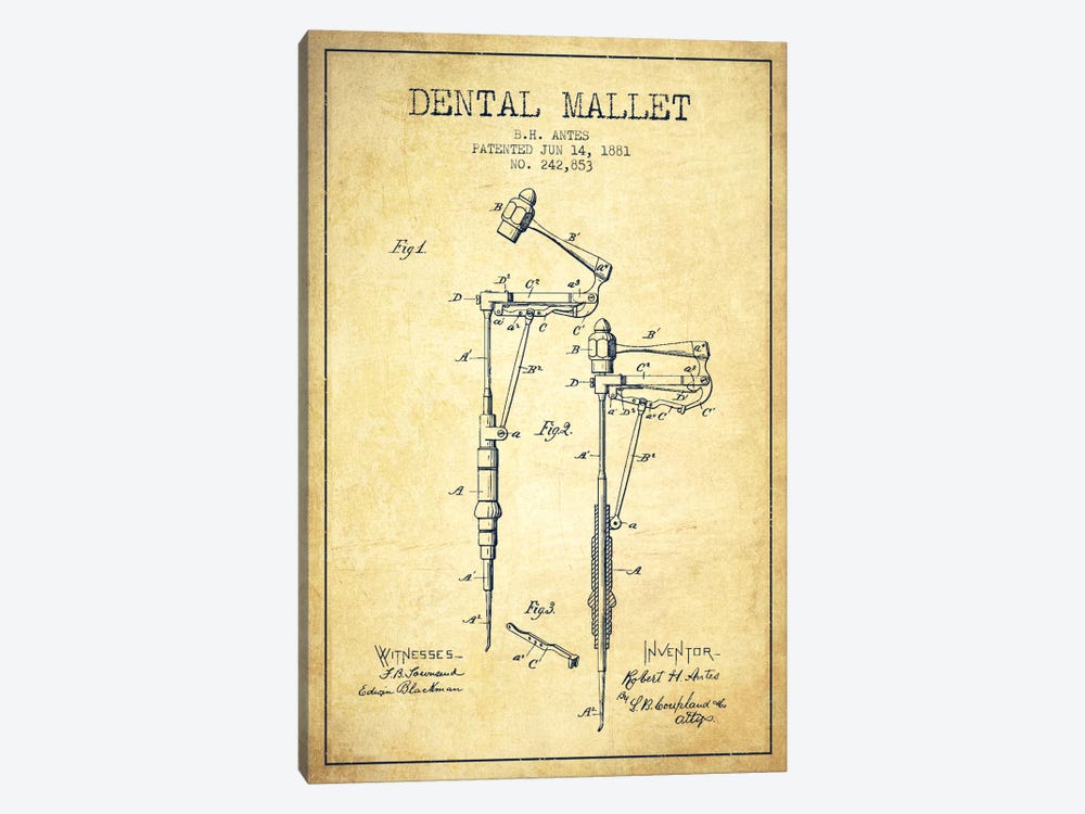 Dental Mallet Vintage Patent Blueprint by Aged Pixel 1-piece Canvas Art Print