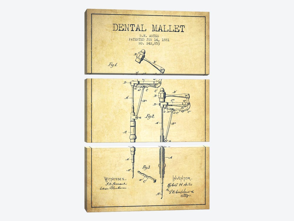 Dental Mallet Vintage Patent Blueprint by Aged Pixel 3-piece Art Print