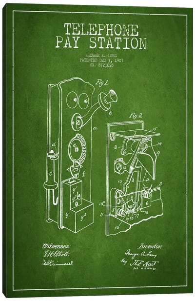 Long Telephone Green Patent Blueprint Canvas Art Print - Electronics & Communication Blueprints