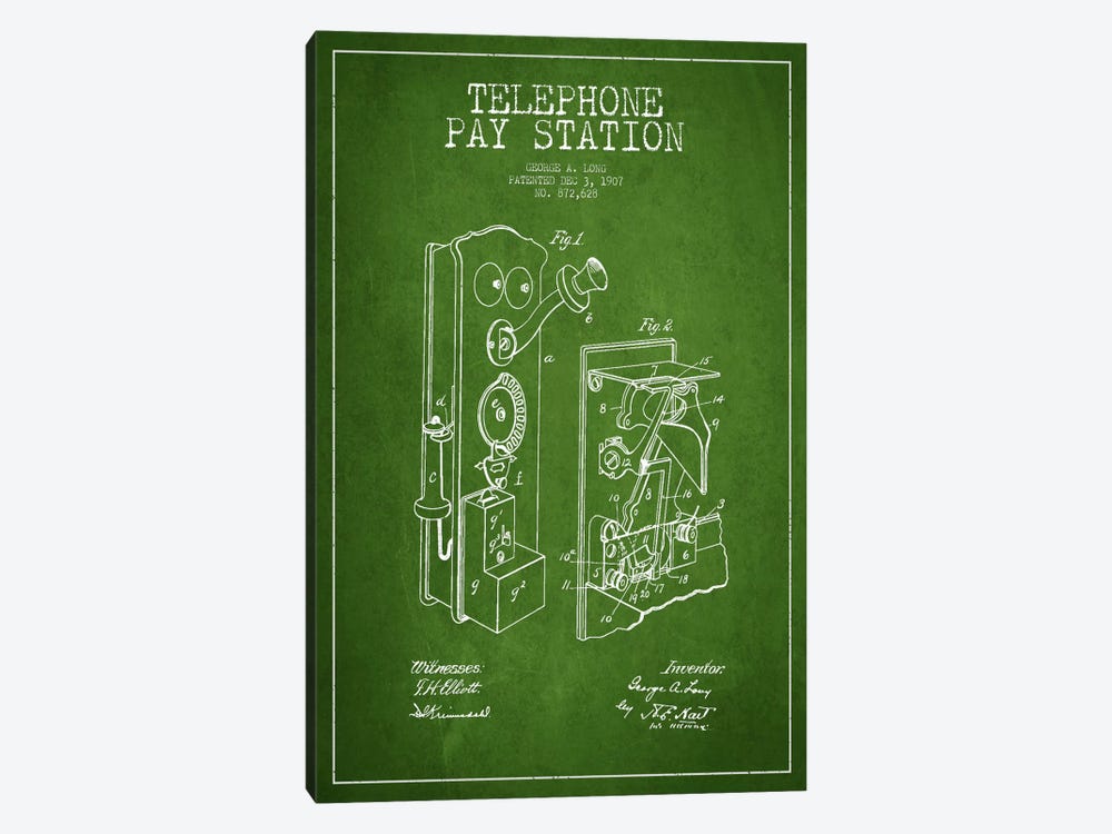 Long Telephone Green Patent Blueprint by Aged Pixel 1-piece Canvas Wall Art