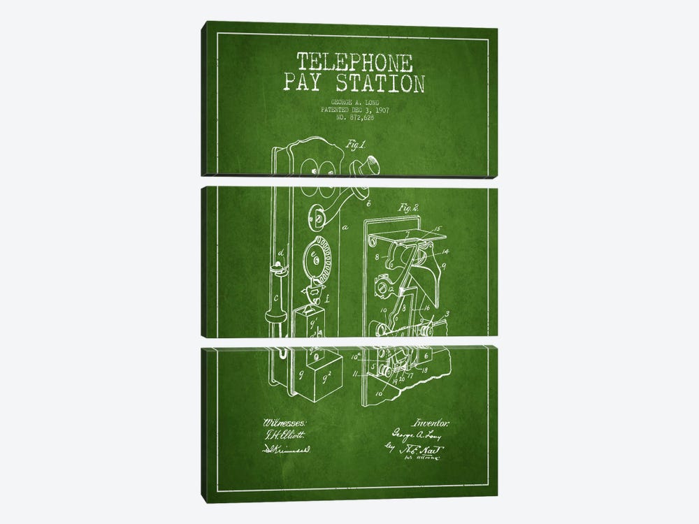 Long Telephone Green Patent Blueprint by Aged Pixel 3-piece Canvas Art