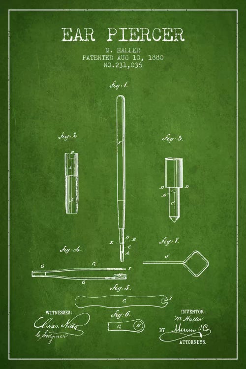 Ear Piercer Green Patent Blueprint by Aged Pixel wall art