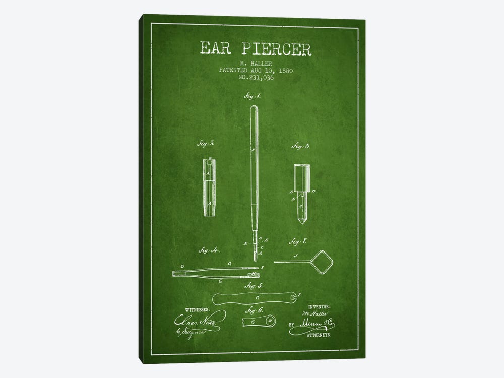 Ear Piercer Green Patent Blueprint by Aged Pixel 1-piece Canvas Print