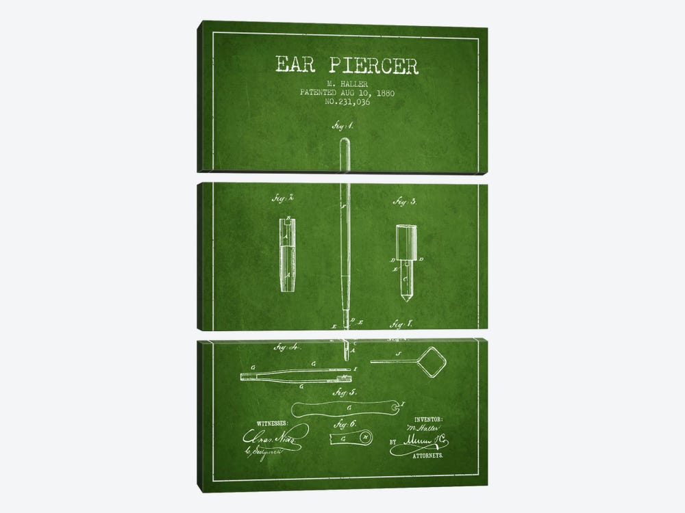 Ear Piercer Green Patent Blueprint by Aged Pixel 3-piece Canvas Art Print