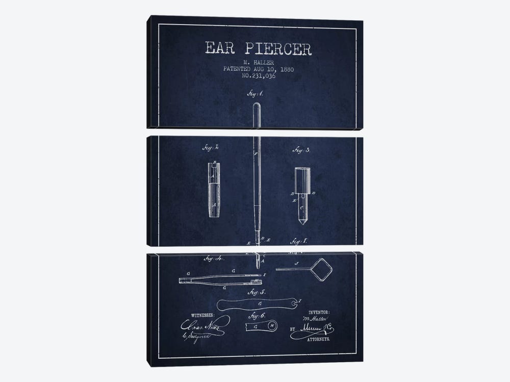 Ear Navy Blue Patent Blueprint by Aged Pixel 3-piece Canvas Artwork