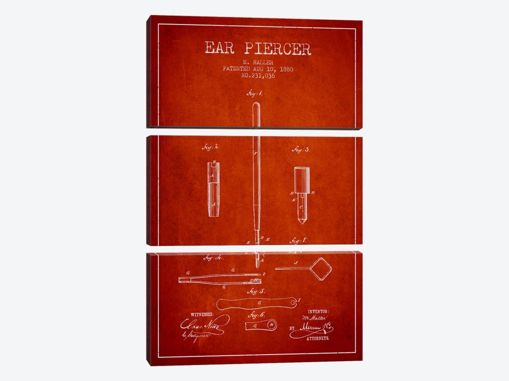 Ear Piercer Red Patent Blueprint by Aged Pixel 3-piece Canvas Art Print