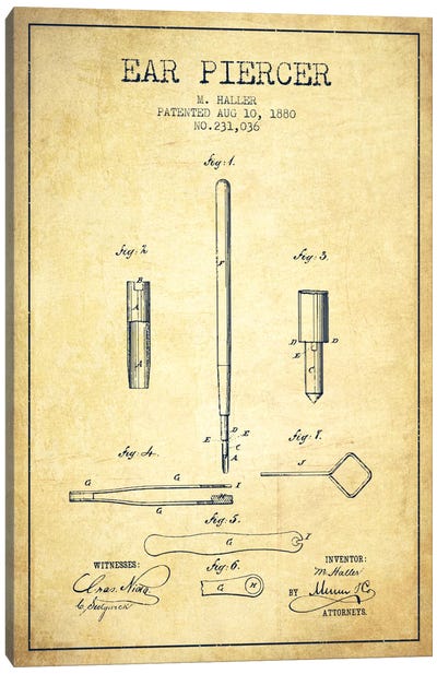 Ear Piercer Vintage Patent Blueprint Canvas Art Print - Aged Pixel: Medical & Dental