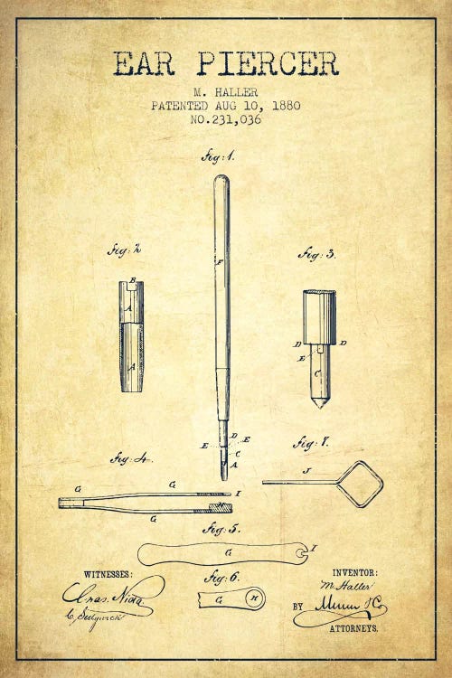 Ear Piercer Vintage Patent Blueprint by Aged Pixel wall art