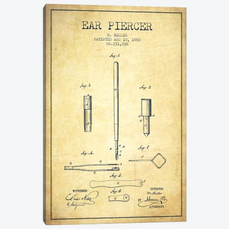 Ear Piercer Vintage Patent Blueprint Canvas Print #ADP1904} by Aged Pixel Canvas Wall Art