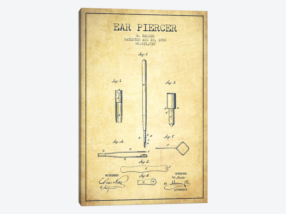 Ear Piercer Vintage Patent Blueprint by Aged Pixel 1-piece Canvas Wall Art