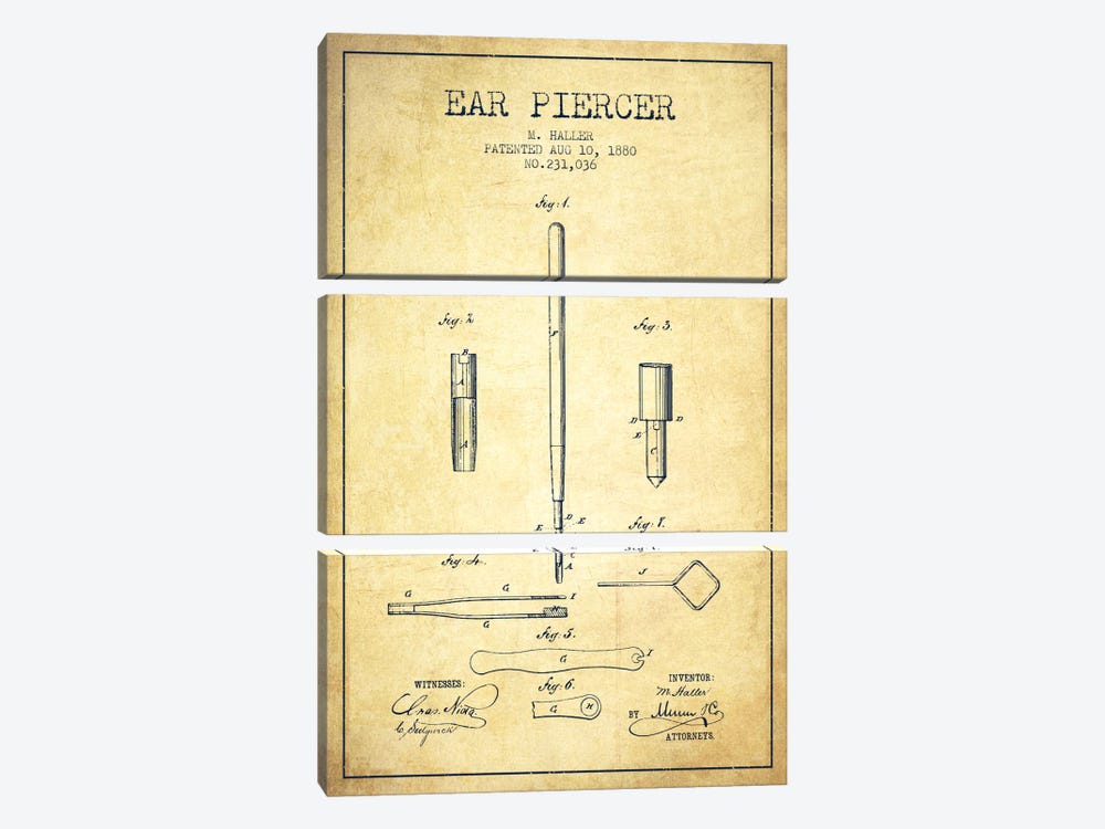 Ear Piercer Vintage Patent Blueprint by Aged Pixel 3-piece Canvas Artwork