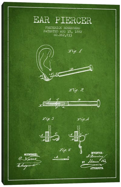 Ear Piercer 2 Green Patent Blueprint Canvas Art Print - Aged Pixel: Medical & Dental