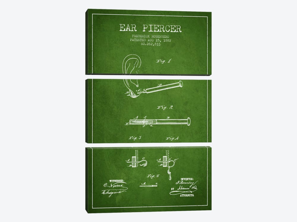 Ear Piercer 2 Green Patent Blueprint by Aged Pixel 3-piece Canvas Artwork