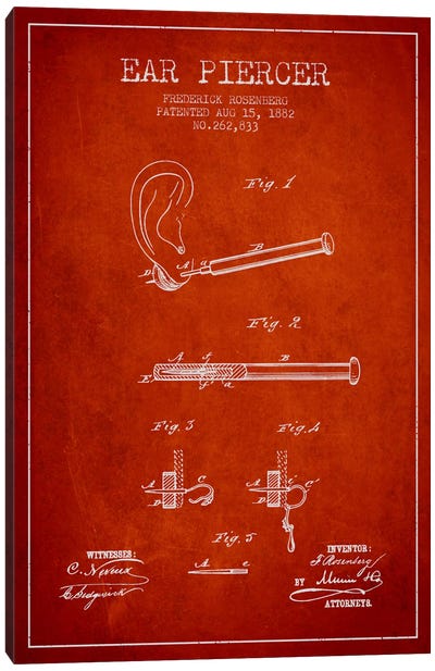 Ear Piercer 2 Red Patent Blueprint Canvas Art Print - Aged Pixel: Medical & Dental