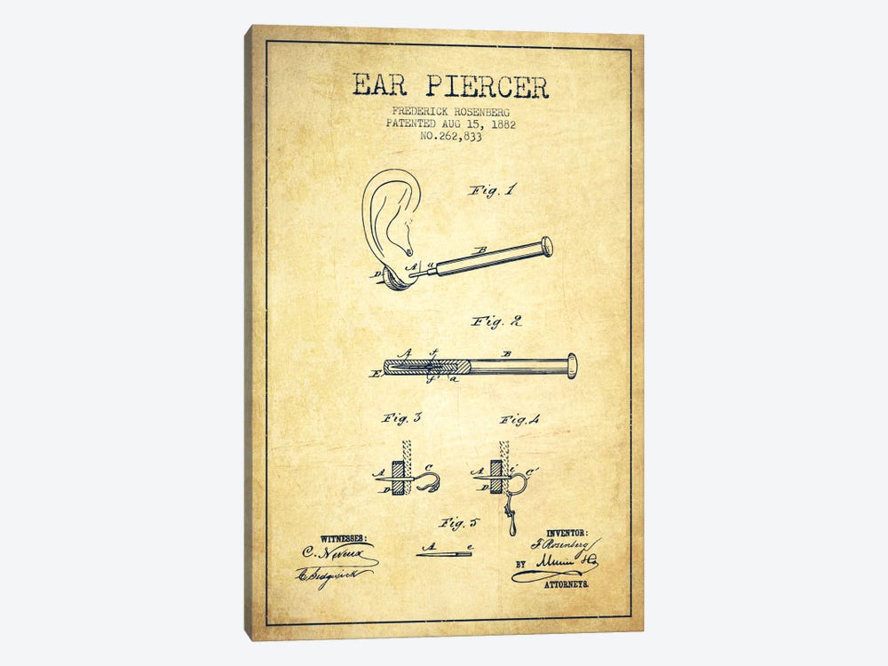 Ear Piercer 2 Vintage Patent Blueprint by Aged Pixel 1-piece Canvas Art Print