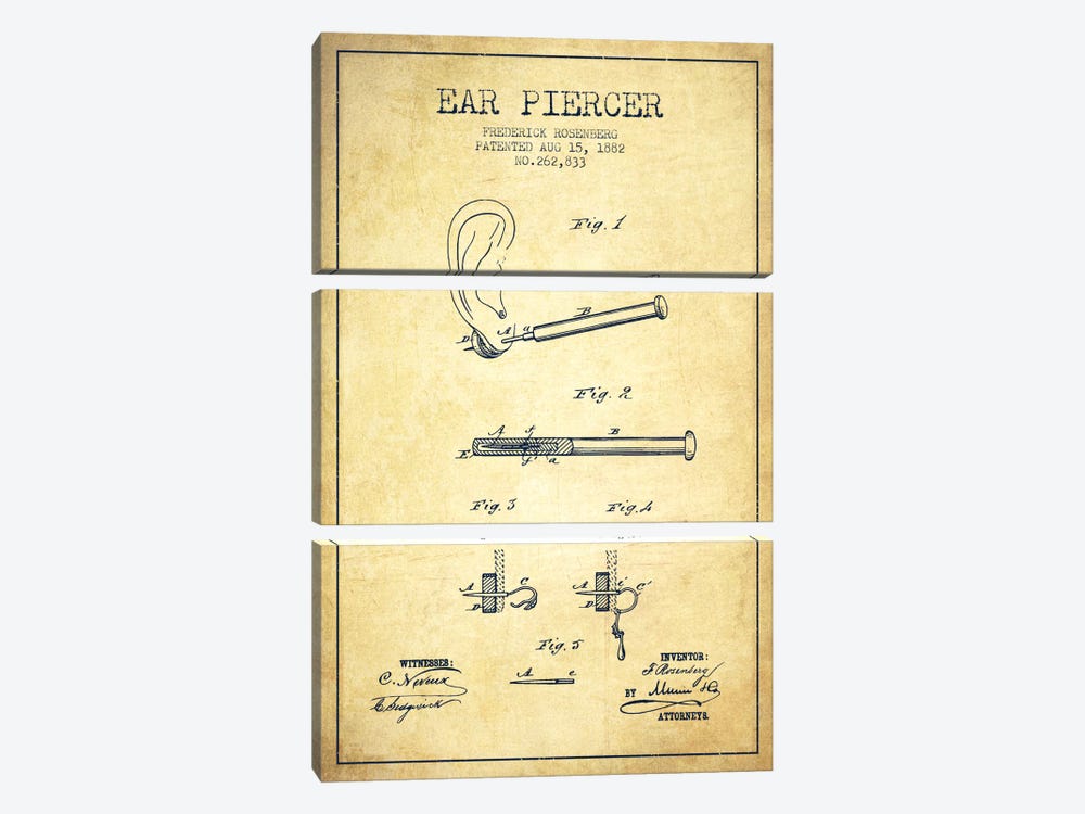 Ear Piercer 2 Vintage Patent Blueprint by Aged Pixel 3-piece Canvas Art Print