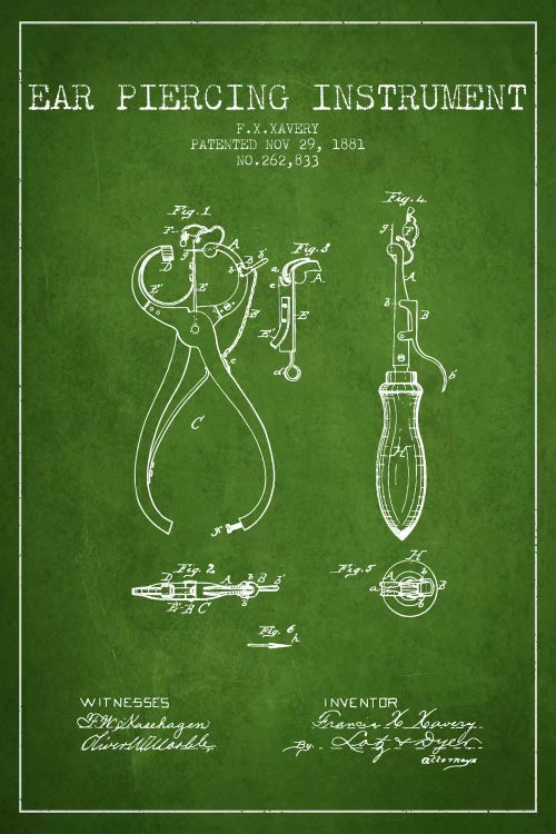 Ear Piercer 3 Green Patent Blueprint by Aged Pixel wall art