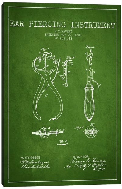 Ear Piercer 3 Green Patent Blueprint Canvas Art Print