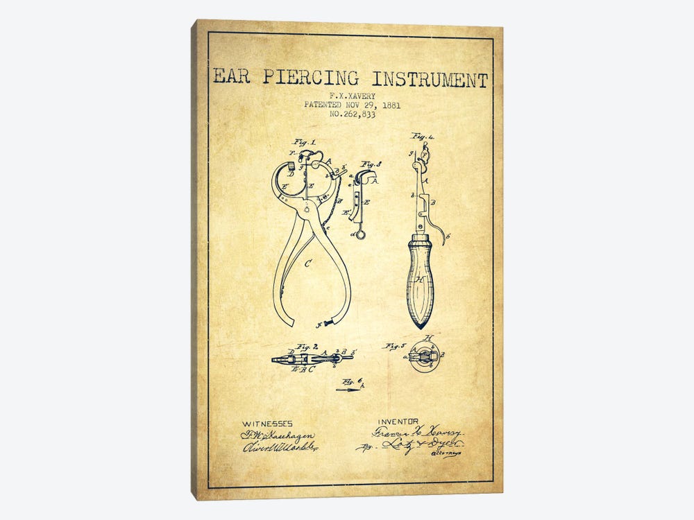 Ear Piercer 3 Vintage Patent Blueprint by Aged Pixel 1-piece Canvas Print