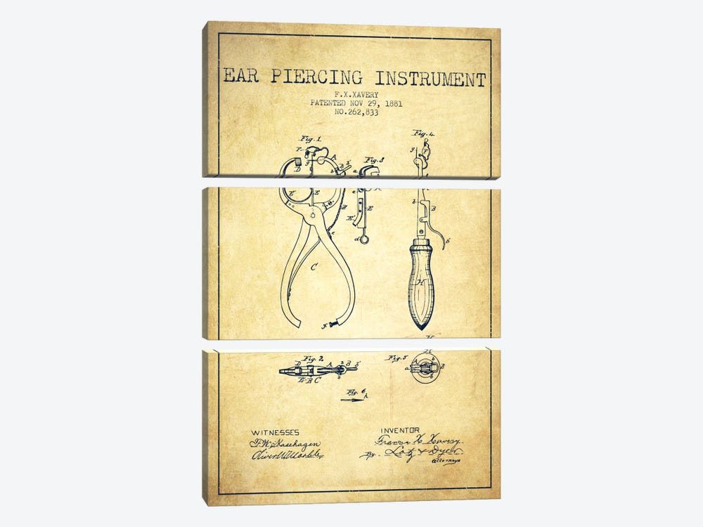 Ear Piercer 3 Vintage Patent Blueprint by Aged Pixel 3-piece Canvas Print