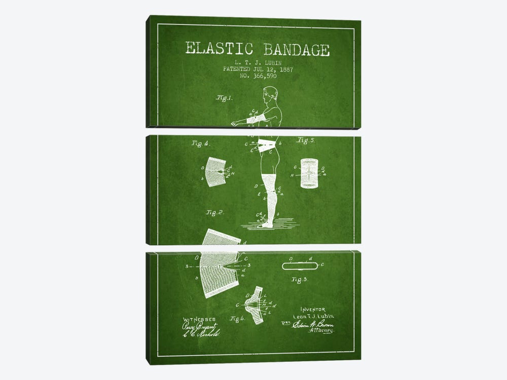 Elastic Bandage Green Patent Blueprint by Aged Pixel 3-piece Canvas Art Print