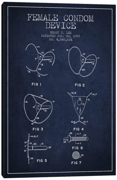Female Condom Navy Blue Patent Blueprint Canvas Art Print - Aged Pixel: Medical & Dental