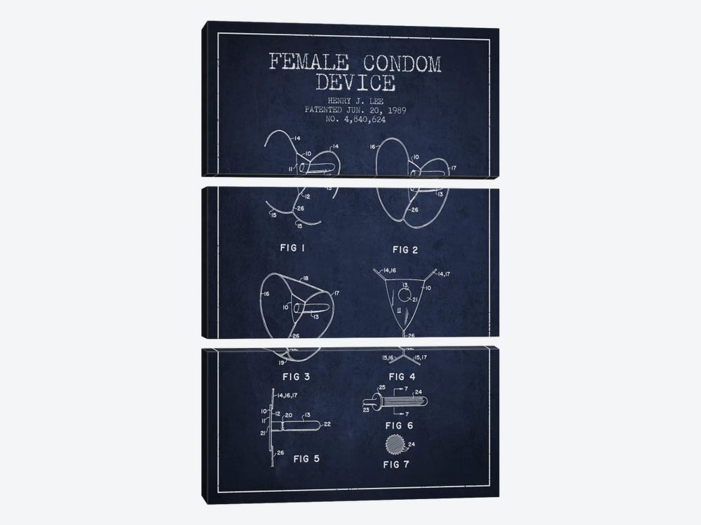 Female Condom Navy Blue Patent Blueprint by Aged Pixel 3-piece Canvas Wall Art
