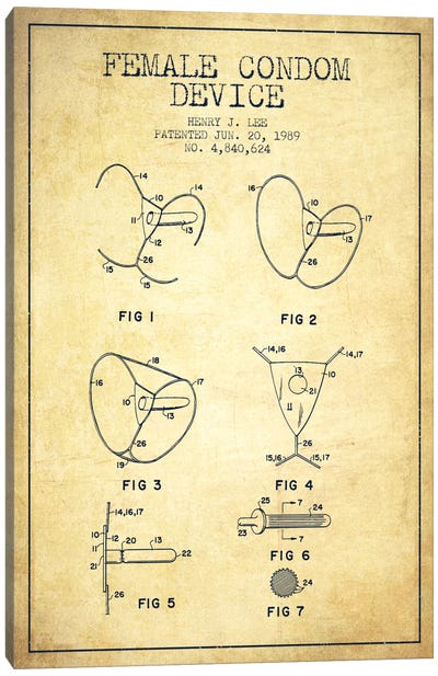 Female Condom Vintage Patent Blueprint Canvas Art Print - Aged Pixel: Medical & Dental