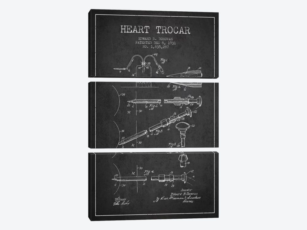 Heart Trocar Charcoal Patent Blueprint by Aged Pixel 3-piece Canvas Art Print