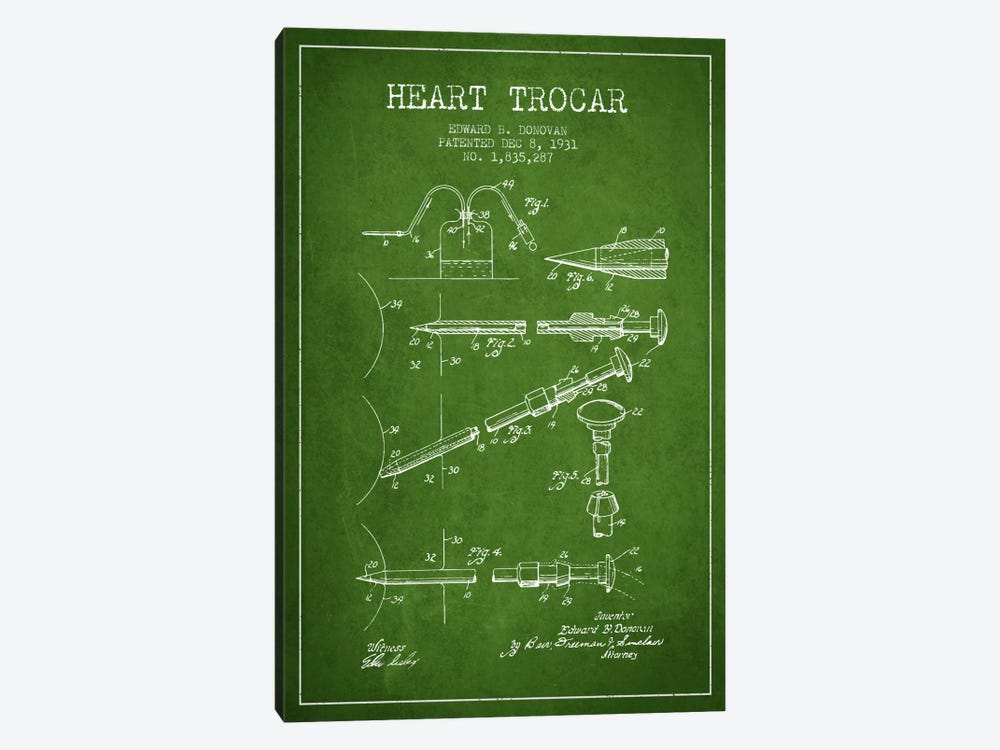 Heart Trocar Green Patent Blueprint by Aged Pixel 1-piece Canvas Wall Art
