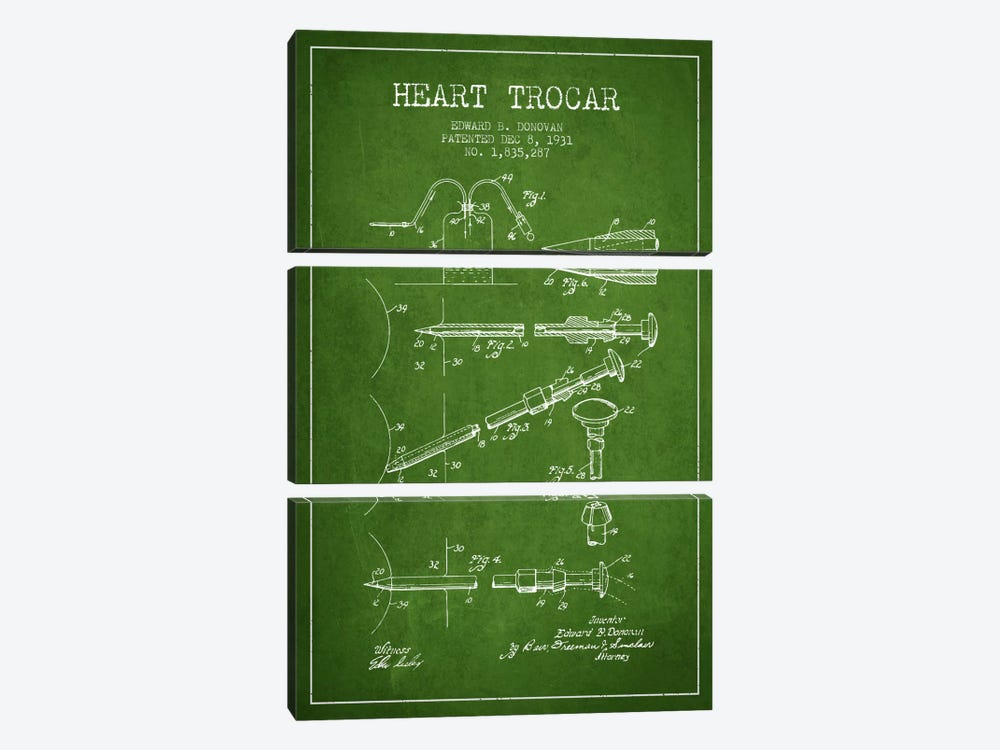 Heart Trocar Green Patent Blueprint by Aged Pixel 3-piece Canvas Artwork