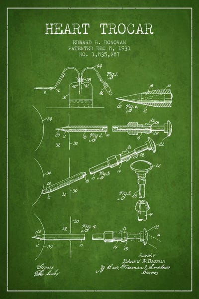 Medical & Dental Blueprints: Heart Trocar Green Patent Blueprint by Aged Pixel