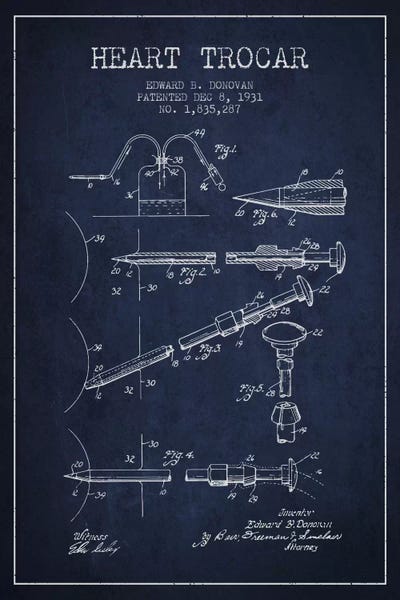 Heart Trocar Navy Blue Patent Blueprint by Aged Pixel canvas print