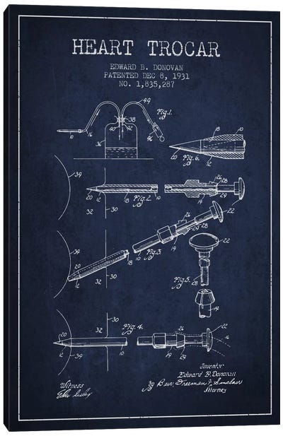 Heart Trocar Navy Blue Patent Blueprint Canvas Art Print - Medical & Dental Blueprints