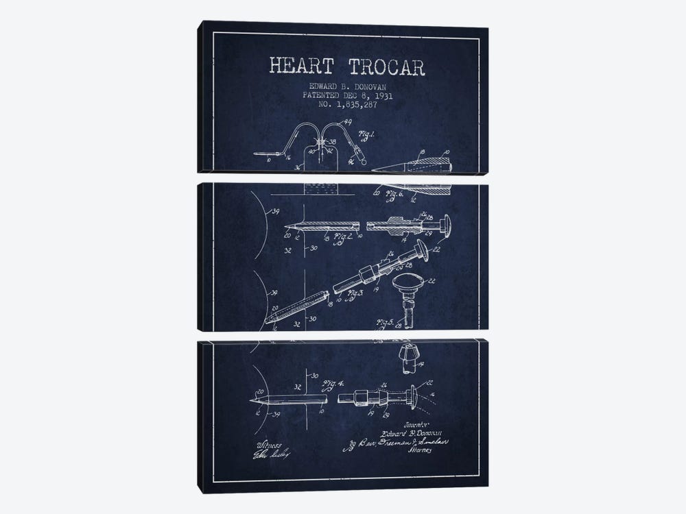 Heart Trocar Navy Blue Patent Blueprint by Aged Pixel 3-piece Canvas Art Print
