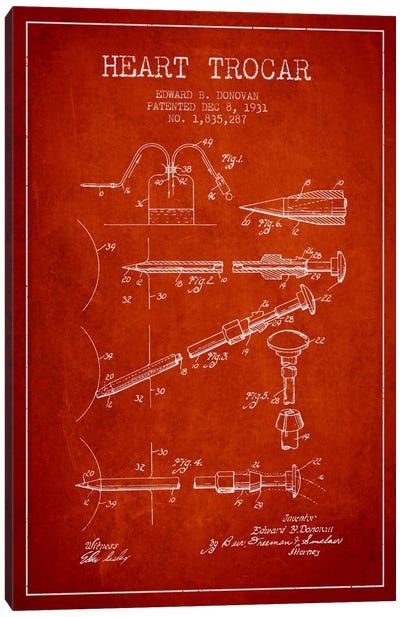 Heart Trocar Red Patent Blueprint Canvas Art Print - Aged Pixel: Medical & Dental