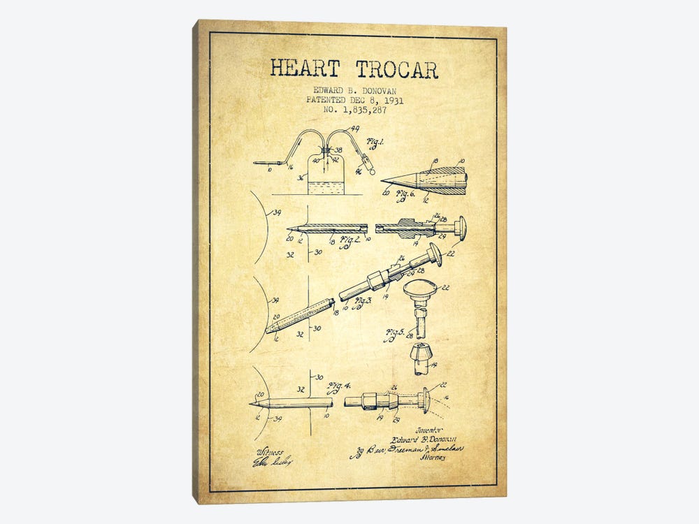 Heart Trocar Vintage Patent Blueprint by Aged Pixel 1-piece Canvas Print