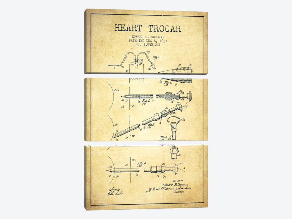 Heart Trocar Vintage Patent Blueprint by Aged Pixel 3-piece Canvas Art Print
