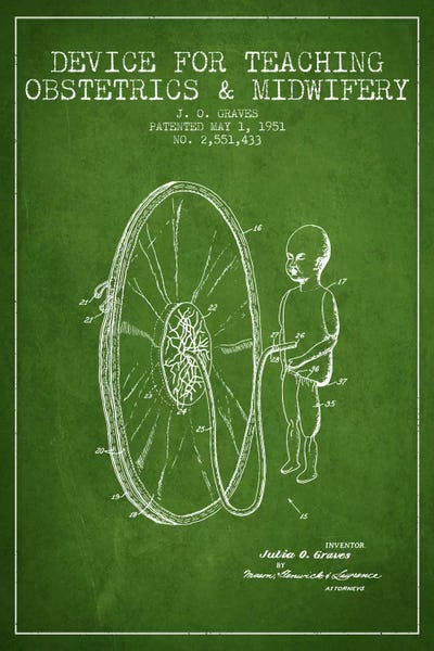 Midwife Green Patent Blueprint by Aged Pixel framed wall art