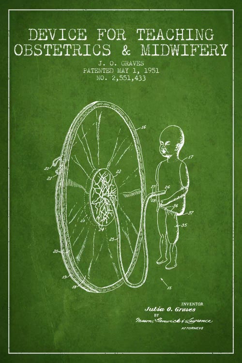 Midwife Green Patent Blueprint by Aged Pixel wall art