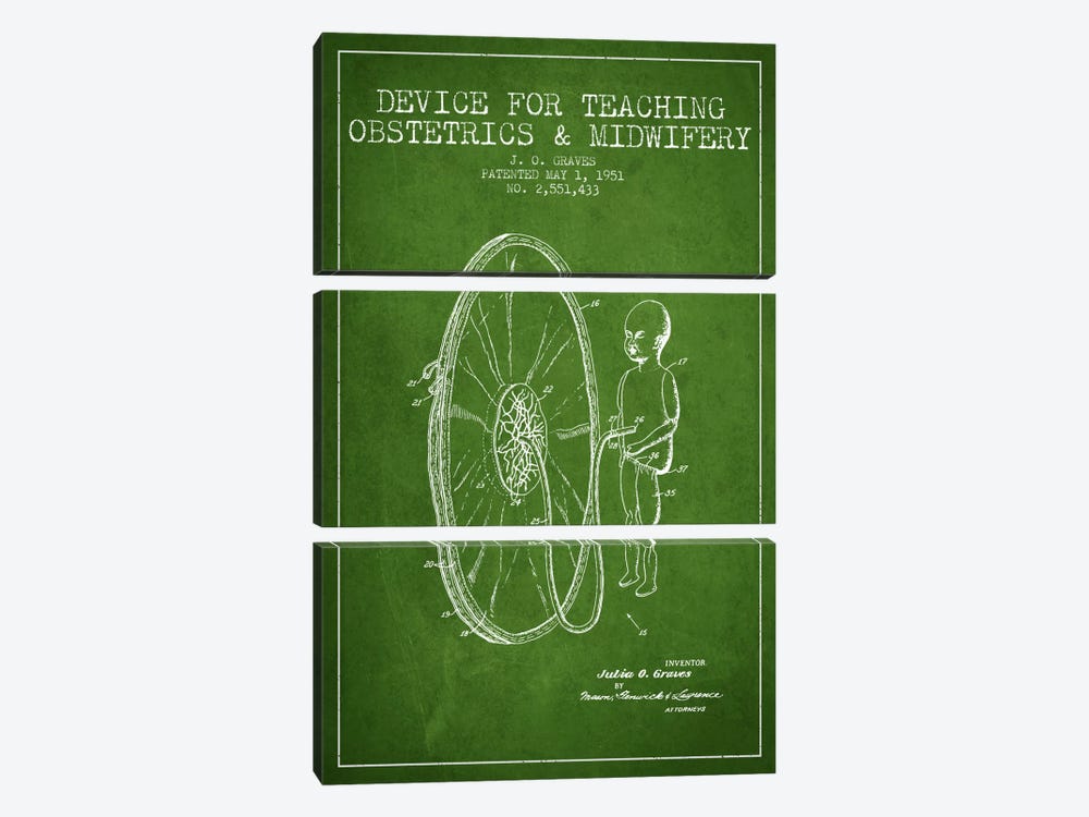 Midwife Green Patent Blueprint by Aged Pixel 3-piece Canvas Print