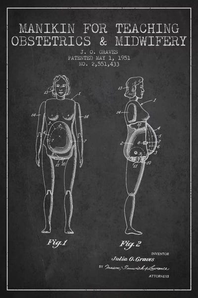 Midwife 1 Charcoal Patent Blueprint by Aged Pixel framed wall art