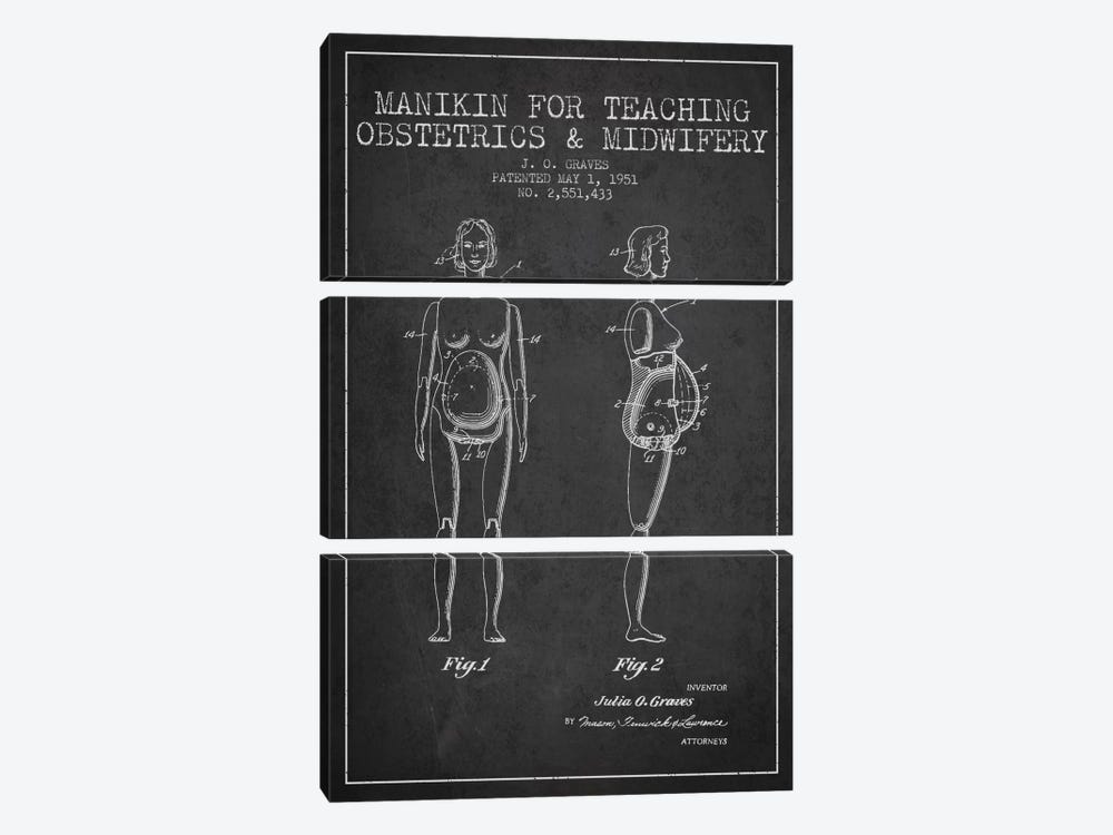 Midwife 1 Charcoal Patent Blueprint by Aged Pixel 3-piece Canvas Wall Art