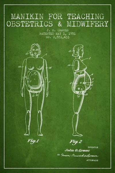 Midwife 1 Green Patent Blueprint by Aged Pixel framed wall art