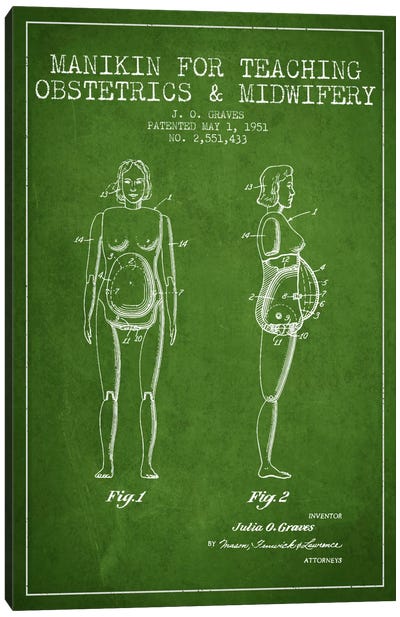 Midwife 1 Green Patent Blueprint Canvas Art Print - Medical & Dental Blueprints
