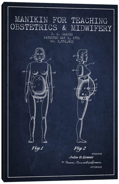 Midwife 1 Navy Blue Patent Blueprint Canvas Art Print - Aged Pixel: Medical & Dental