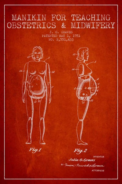 Midwife 1 Red Patent Blueprint by Aged Pixel framed wall art