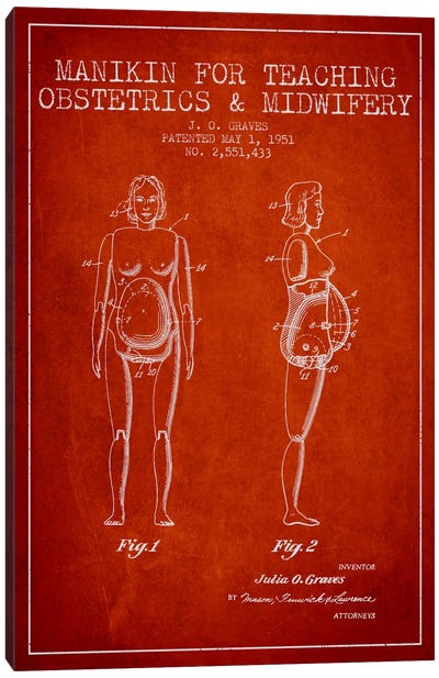 Midwife 1 Red Patent Blueprint Canvas Art Print - Medical & Dental Blueprints
